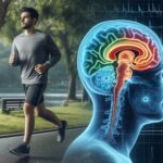 A split-screen image: on one side, a person jogging in a scenic park with a serene expression; on the other side, a brain scan showing increased activity in areas associated with mood and cognition.