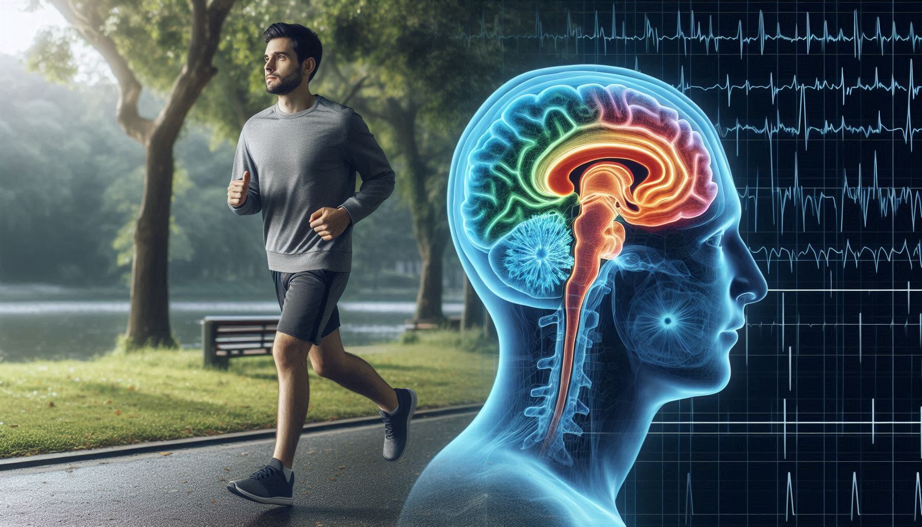 A split-screen image: on one side, a person jogging in a scenic park with a serene expression; on the other side, a brain scan showing increased activity in areas associated with mood and cognition.