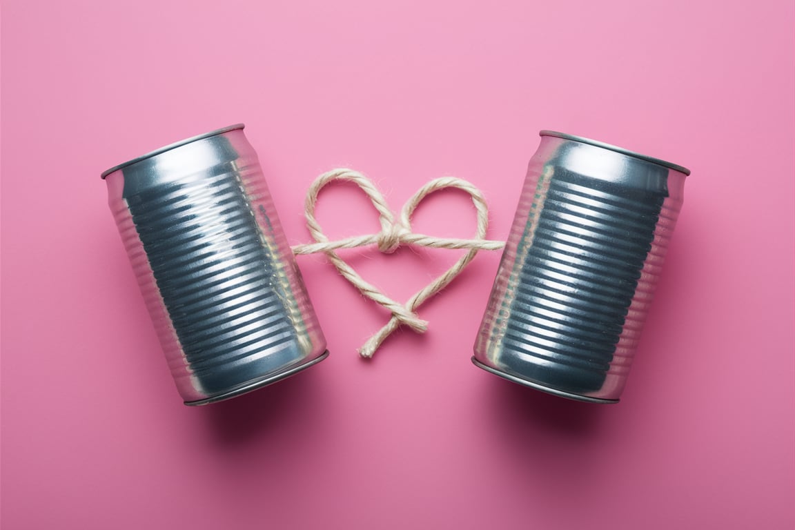 Two tin cans connected by a string forming a heart shape in the middle