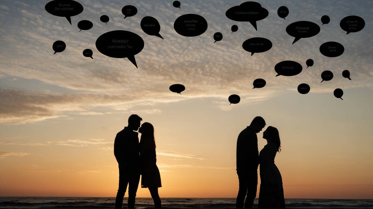 A couple's silhouette with thought bubbles filled with symbols instead of words