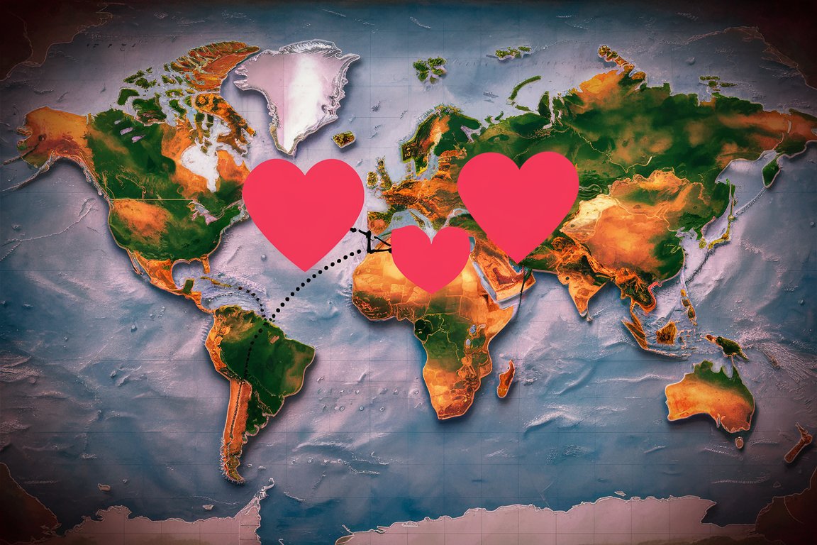 Two hearts connected by a dotted line across a world map