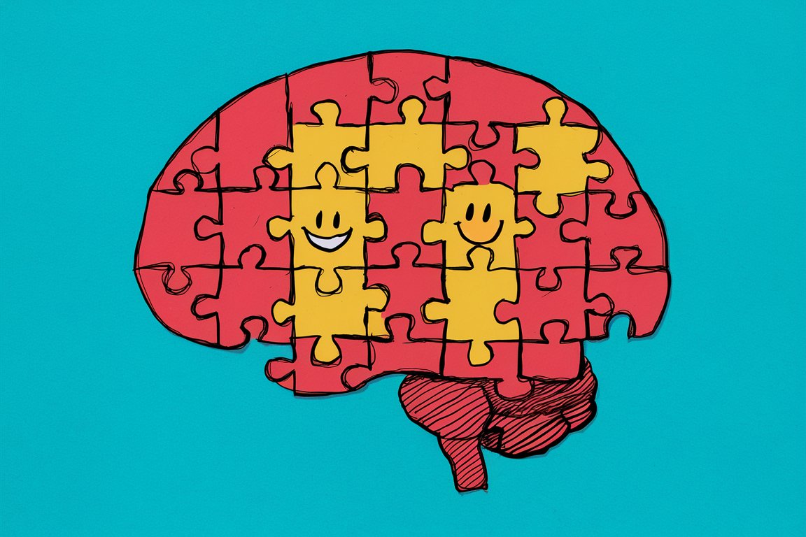 A brain illustration with puzzle pieces, some of which are replaced by smiling faces