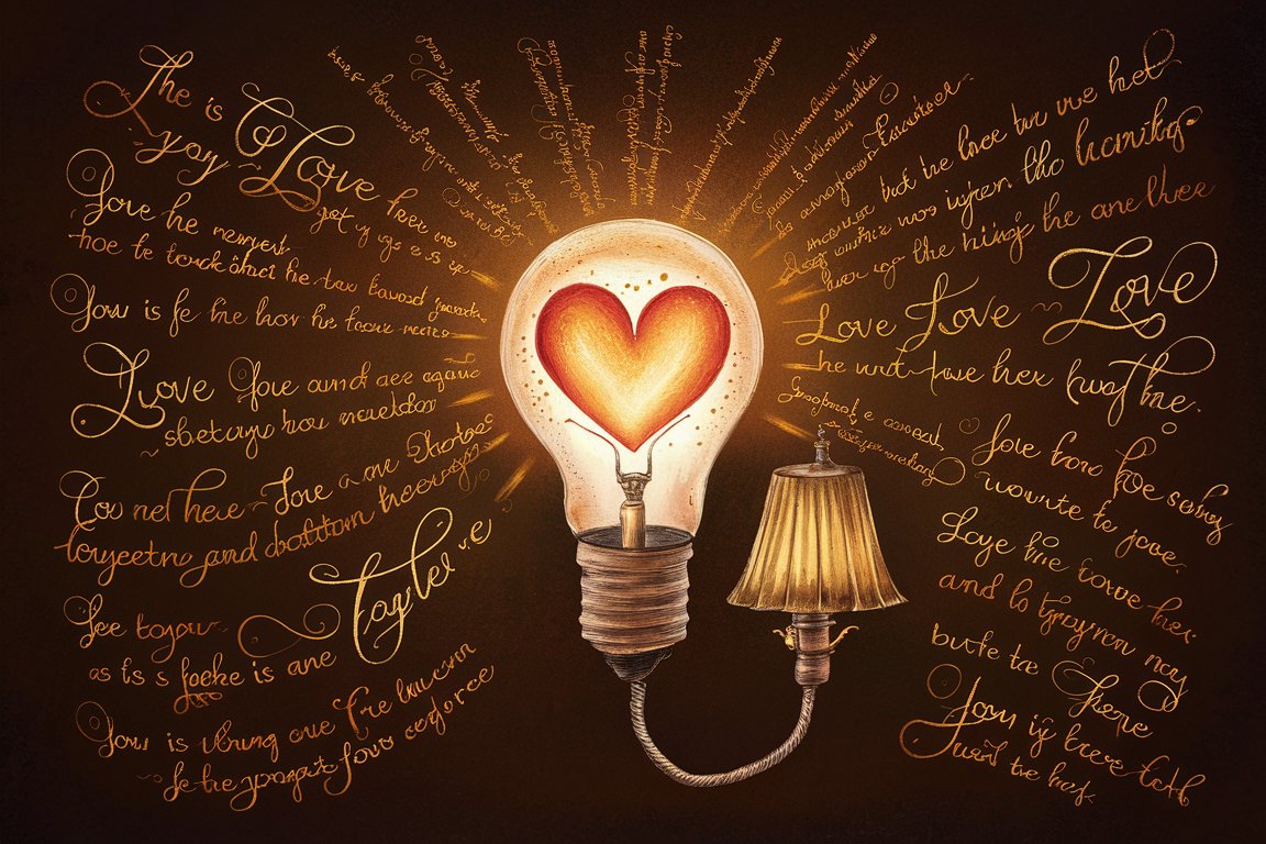 A lightbulb filled with a glowing heart, radiating beams of inspiring love quotes