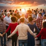 A diverse group of people forming a circle, their joined hands creating a network of glowing lines