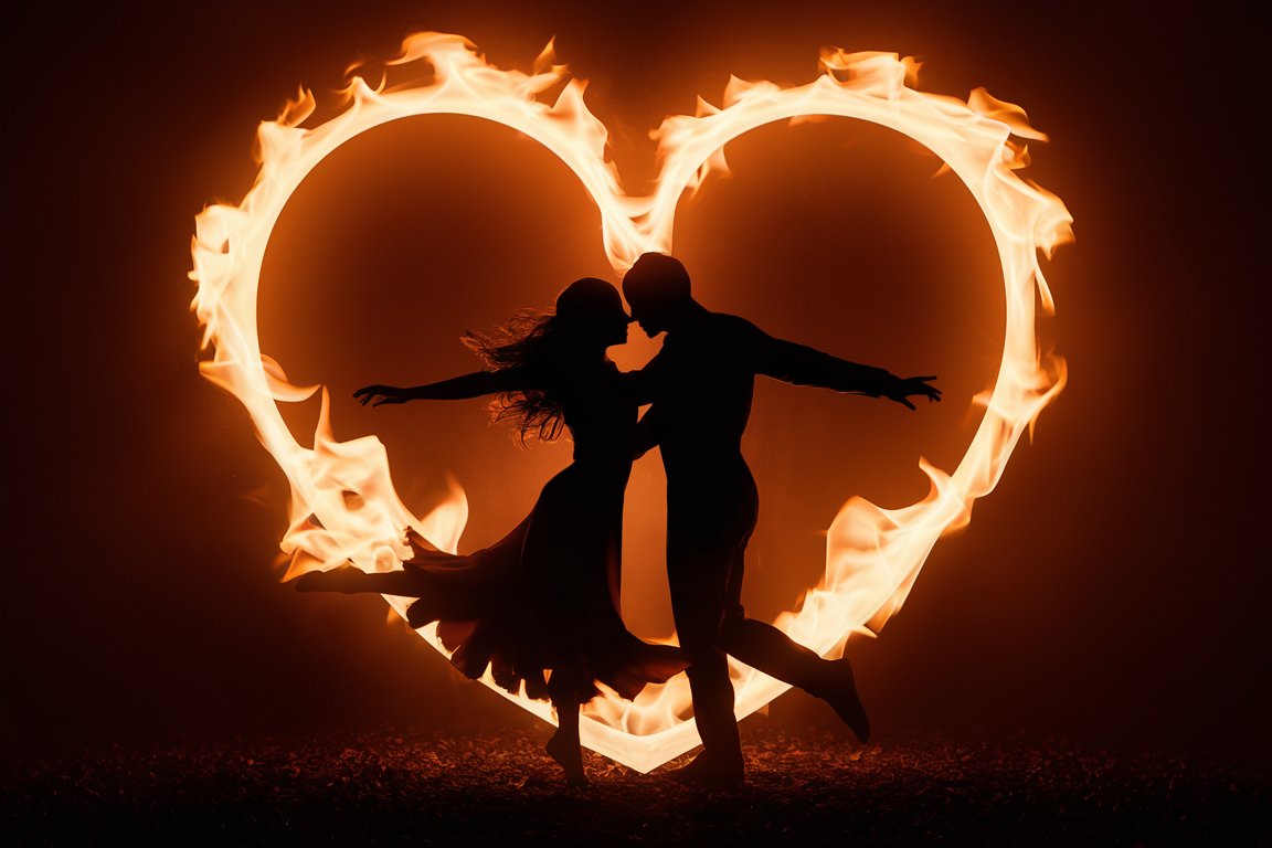 An eternal flame in the shape of a heart, with a couple's silhouette dancing in the fire