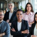 A collage of diverse professionals in a modern office setting. There's a man with a beard wearing glasses and a gray shirt. Next to him is a woman with short hair wearing a black blazer and a white shirt. Beside her is a woman with long hair wearing a pink shirt. Next to her is a man with short hair wearing a black shirt. There's also a woman with long hair wearing a black blazer and a white shirt. The background is a modern office space with large windows, wooden furniture, and potted plants.