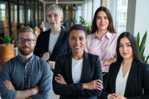 A collage of diverse professionals in a modern office setting. There's a man with a beard wearing glasses and a gray shirt. Next to him is a woman with short hair wearing a black blazer and a white shirt. Beside her is a woman with long hair wearing a pink shirt. Next to her is a man with short hair wearing a black shirt. There's also a woman with long hair wearing a black blazer and a white shirt. The background is a modern office space with large windows, wooden furniture, and potted plants.