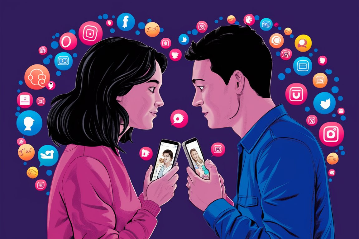 A couple looking at each other through smartphone screens, with social media icons floating around