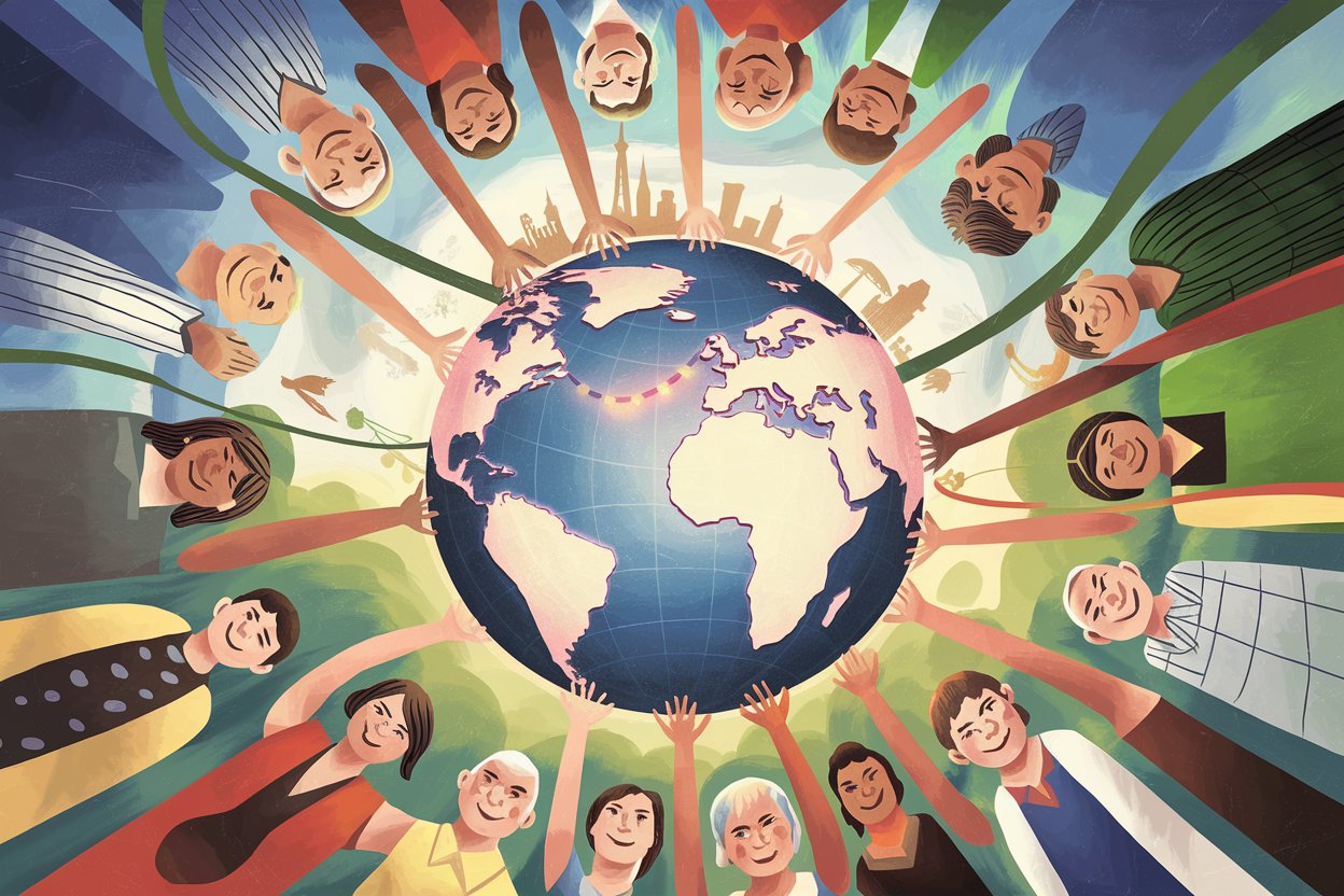 A diverse group of people from different cultures, ages, and backgrounds joining hands to form a circle around a stylized globe. The globe is illuminated from within, casting a warm glow on the faces of the people. In the background, iconic landmarks from various countries are visible, blending together in a dreamlike landscape. Ribbons of different colors weave through the scene, connecting the people and landmarks, symbolizing the threads of unity binding the world together. The overall mood is hopeful and inspiring, with a soft, warm color palette dominated by blues, greens, and golds