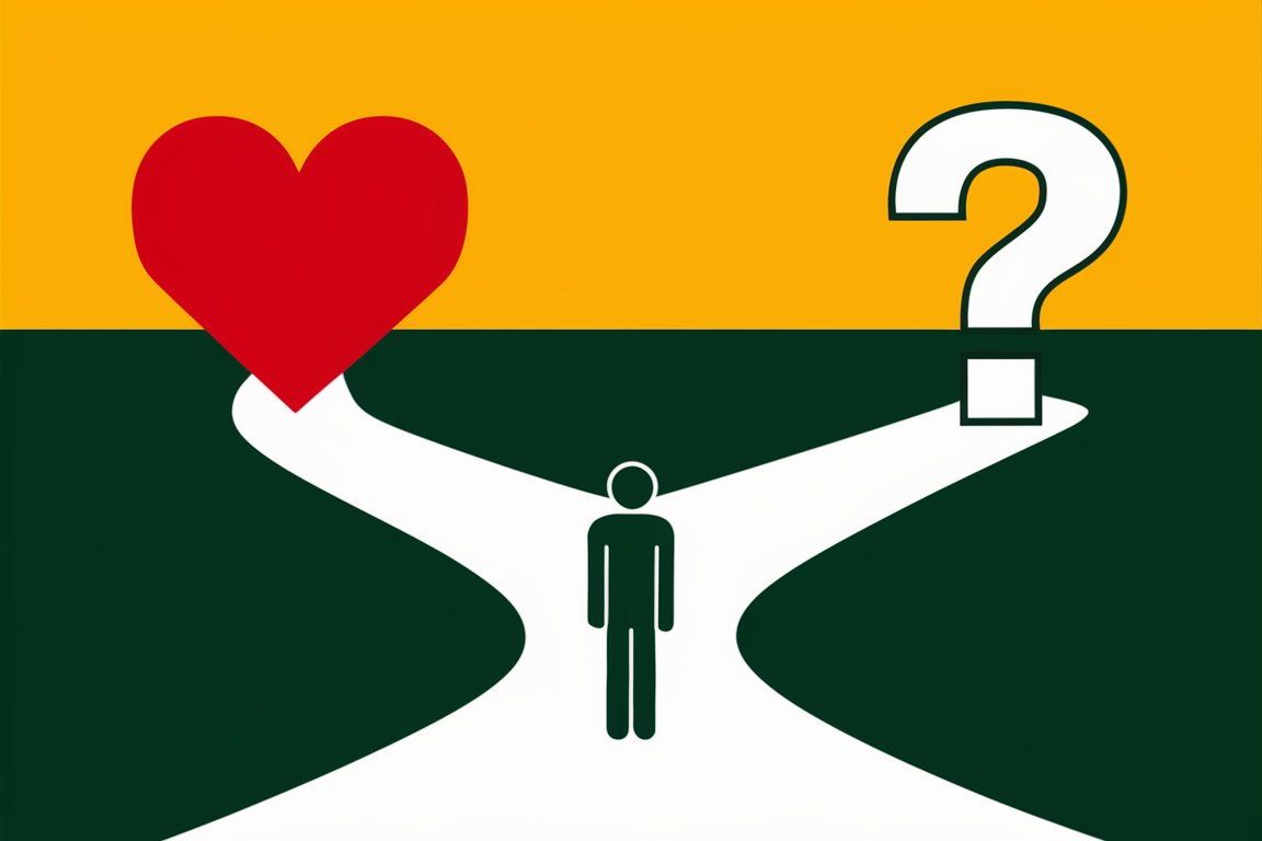 A person at a crossroads, with one path leading to a heart and the other to a question mark