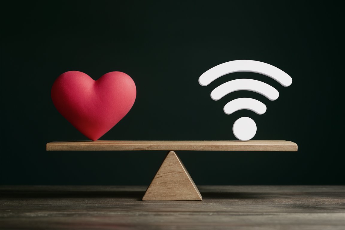 A scale balancing a heart and a Wi-Fi symbol