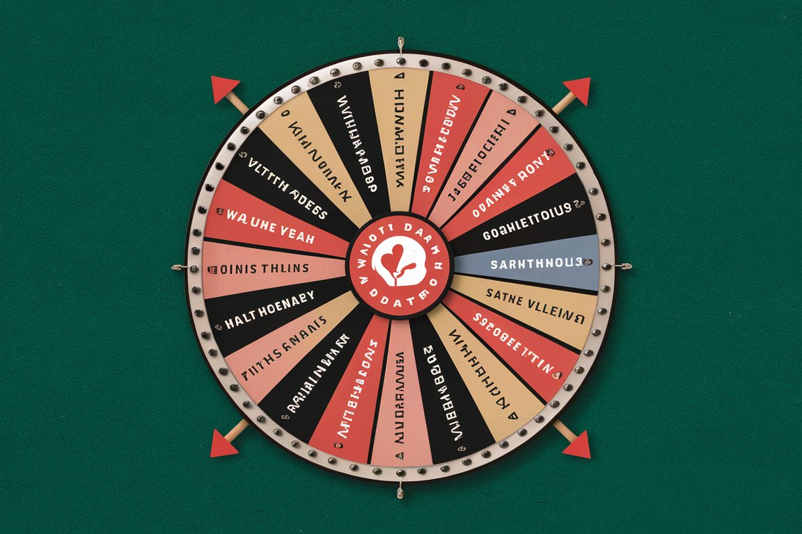 A spinning wheel of fortune with various date ideas on each segment