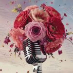 A microphone transforming into a bouquet of flowers, with poem verses floating around