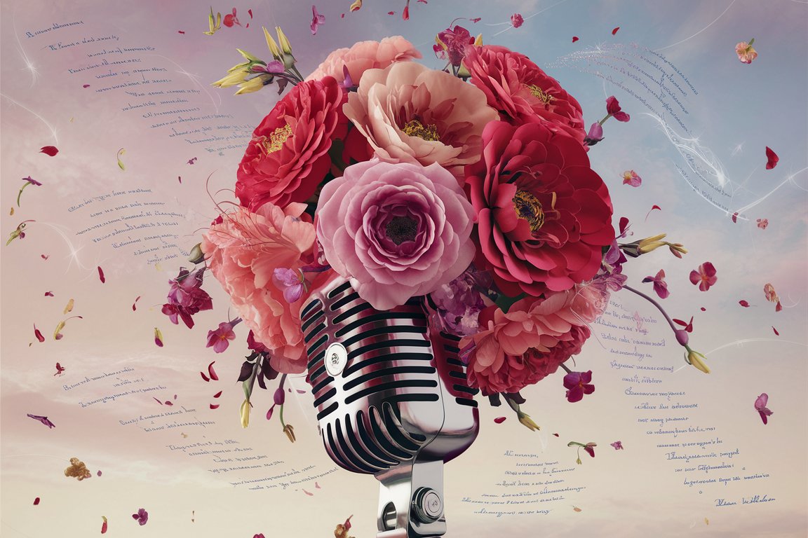 A microphone transforming into a bouquet of flowers, with poem verses floating around