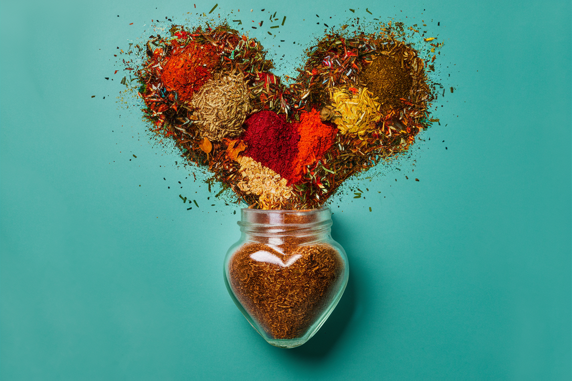 A heart-shaped spice jar releasing a cloud of colorful, glittering spices