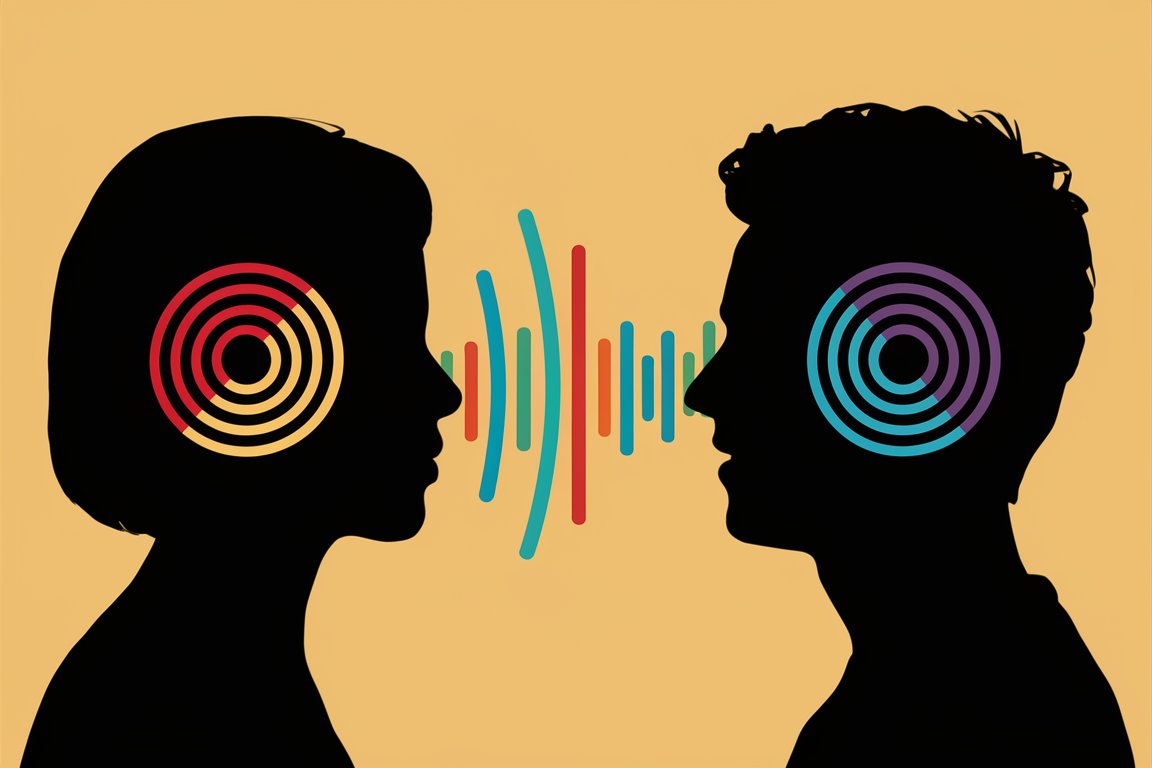 Two silhouettes facing each other, with colorful sound waves flowing between their ears